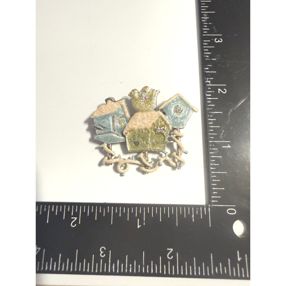 Vintage Birdhouse Brooch Silver Tone Glitter Enamel AB Rhinestone Pin Vintage